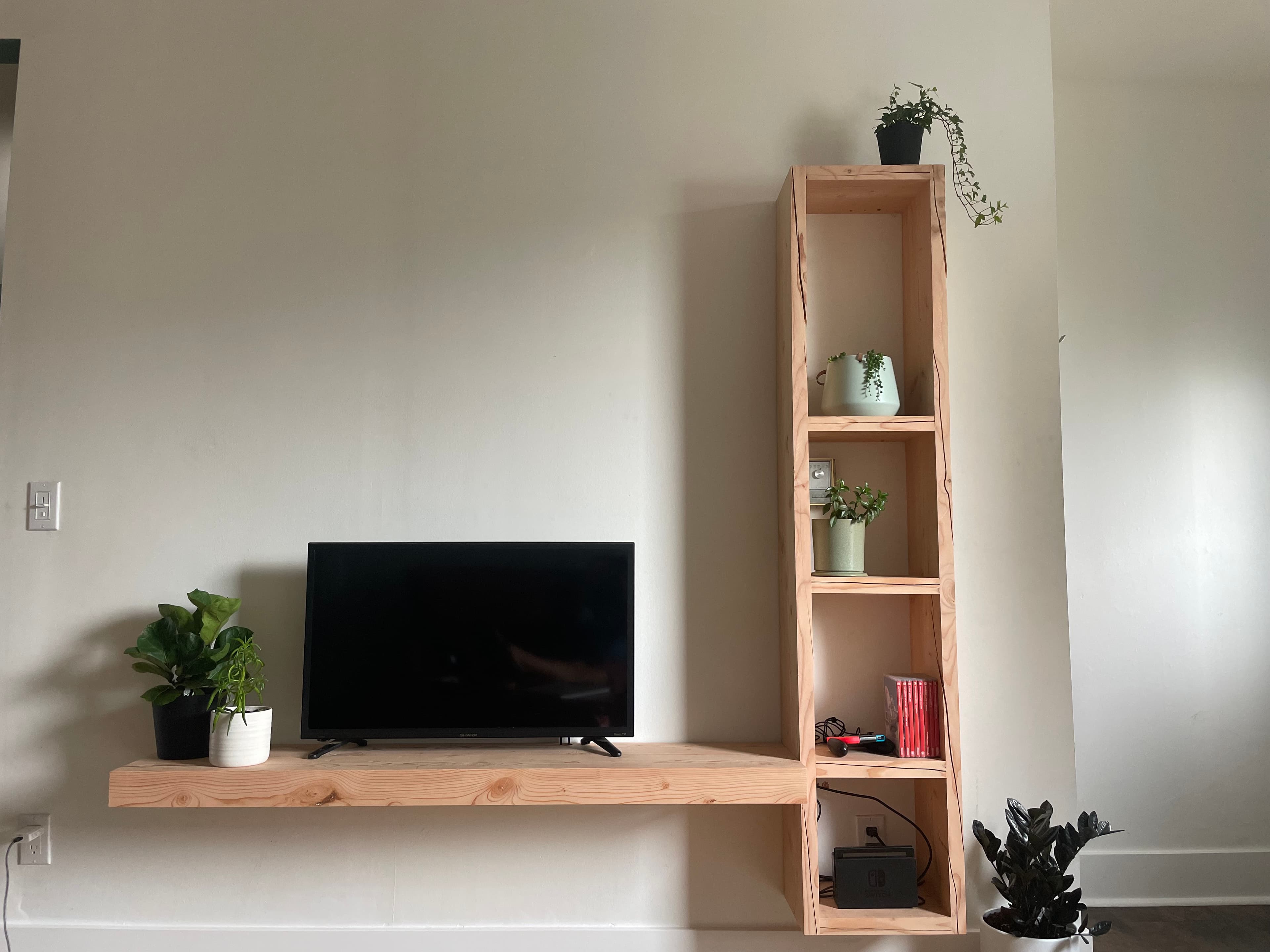 Floating Douglas fir media shelf and tall side shelving in a minimal living room.