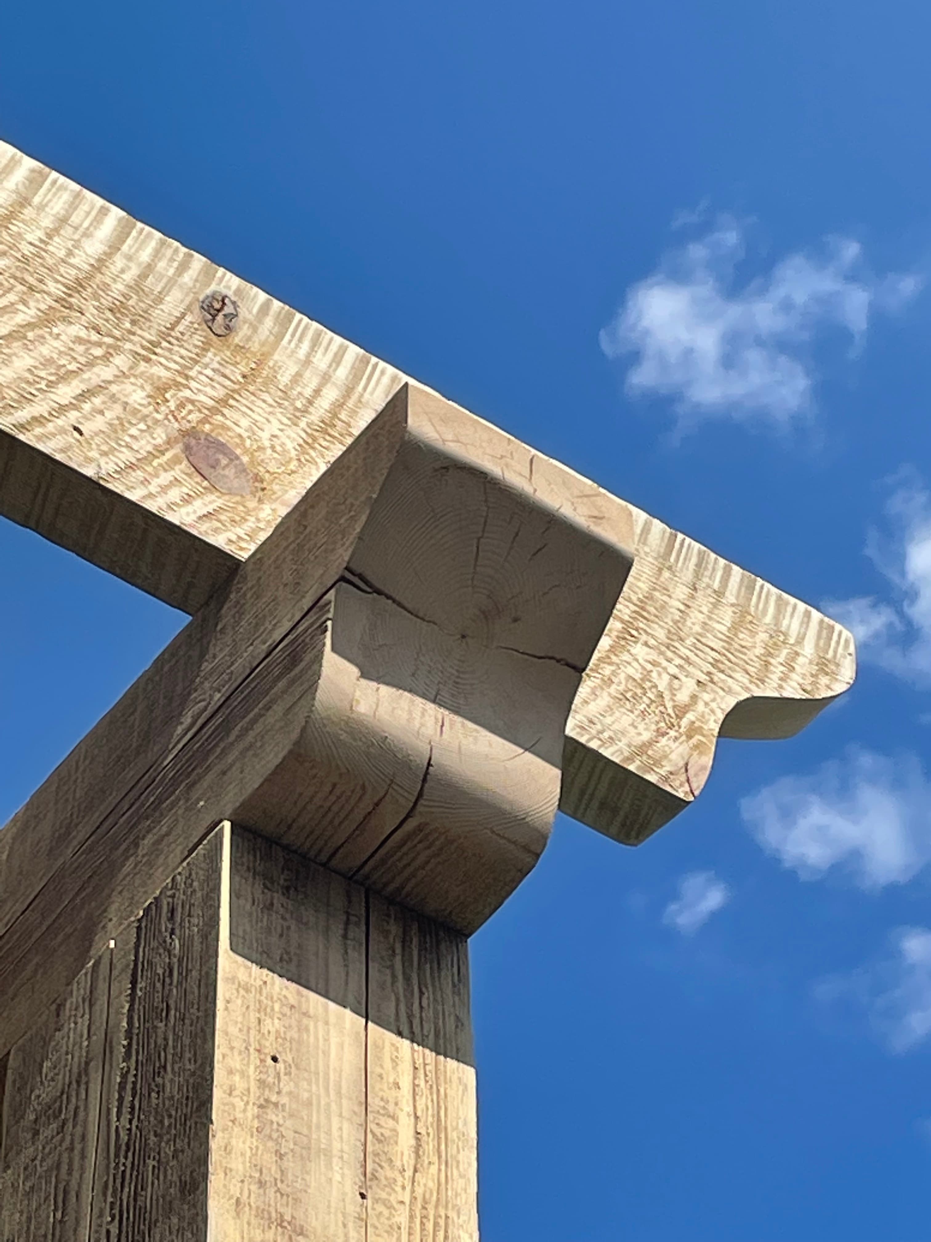 Hemlock timber-framed pergola detail against a blue sky.